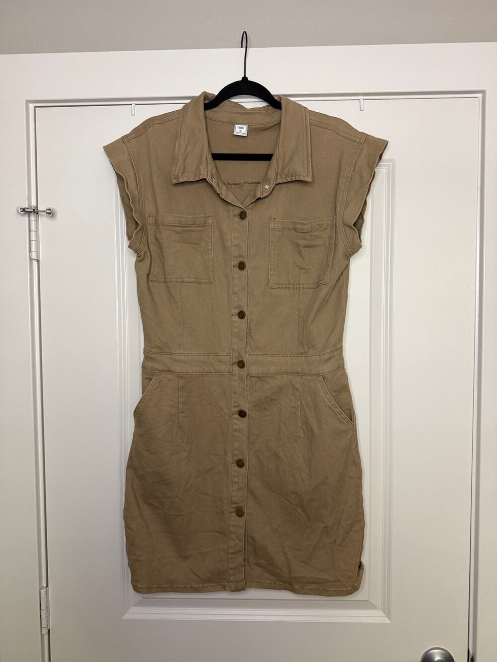 TINSEL Women’s Sz XL Denim Mini Dress Camel Tan Button Down